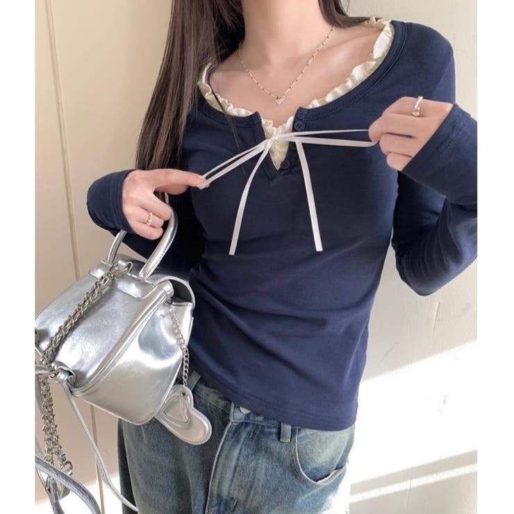 【春夏新作】サテンリボンレイヤー風トップス | LADY LIKE  | 詳細画像6 