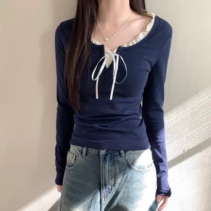 ネイビー | 【春夏新作】サテンリボンレイヤー風トップス | LADY LIKE 