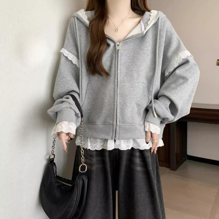 グレー | 【春夏新作】レーストリミングガーリージップパーカー | LADY LIKE 