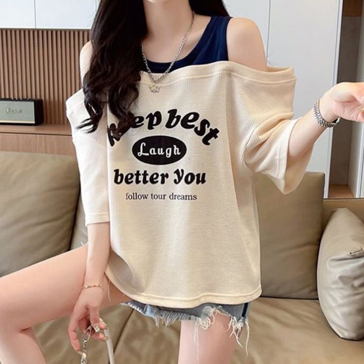 【春夏新作】レイヤード風ロゴプリントオフショルトップス | LADY LIKE  | 詳細画像2 