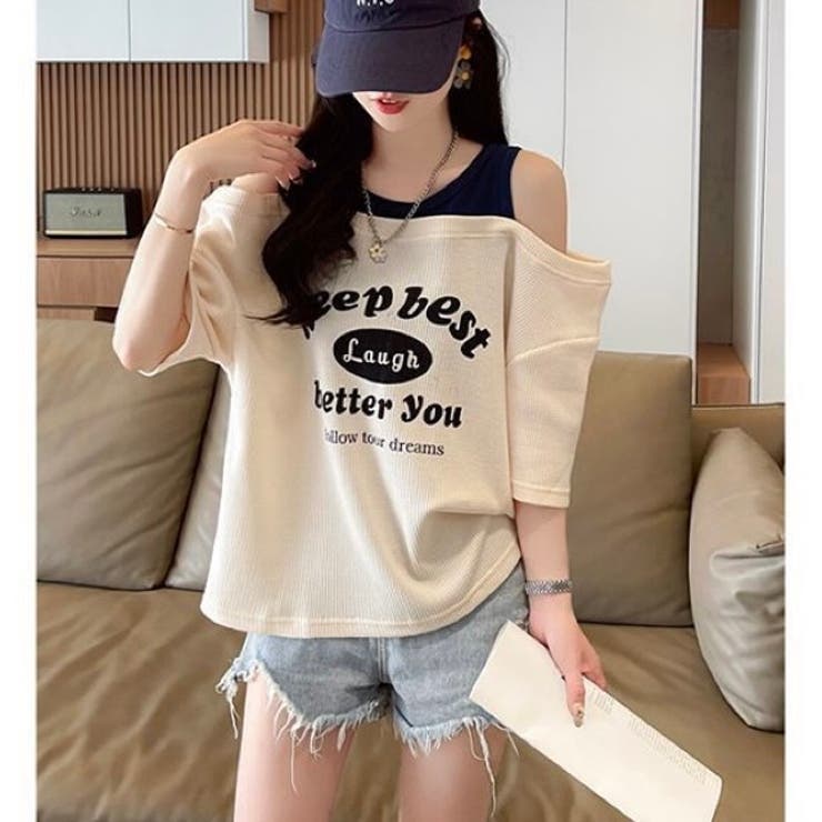 【春夏新作】レイヤード風ロゴプリントオフショルトップス | LADY LIKE  | 詳細画像3 