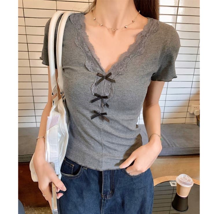 【春夏新作】リボンレースV開きトップス | LADY LIKE  | 詳細画像2 