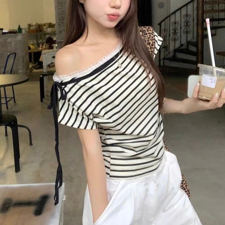 tシャツ ワンショルダーリボントップス CT0332「Moromoro2」「2025SS」 レディース セール】ワンショルダーリボントップス CT0332【Moromoro2