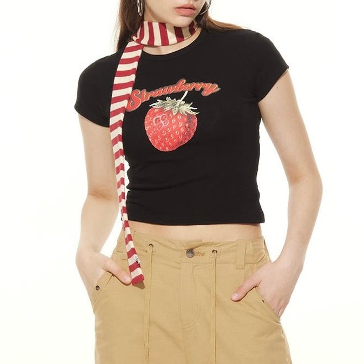 春夏新作】ストロベリープリントコンパクト半袖Tシャツ[品番