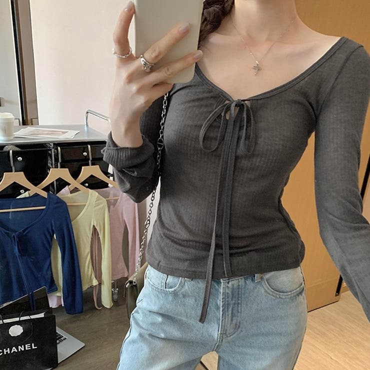 チャコールグレー | 【春夏新作】胸リボンデコルテ空きシアートップス | LADY LIKE 