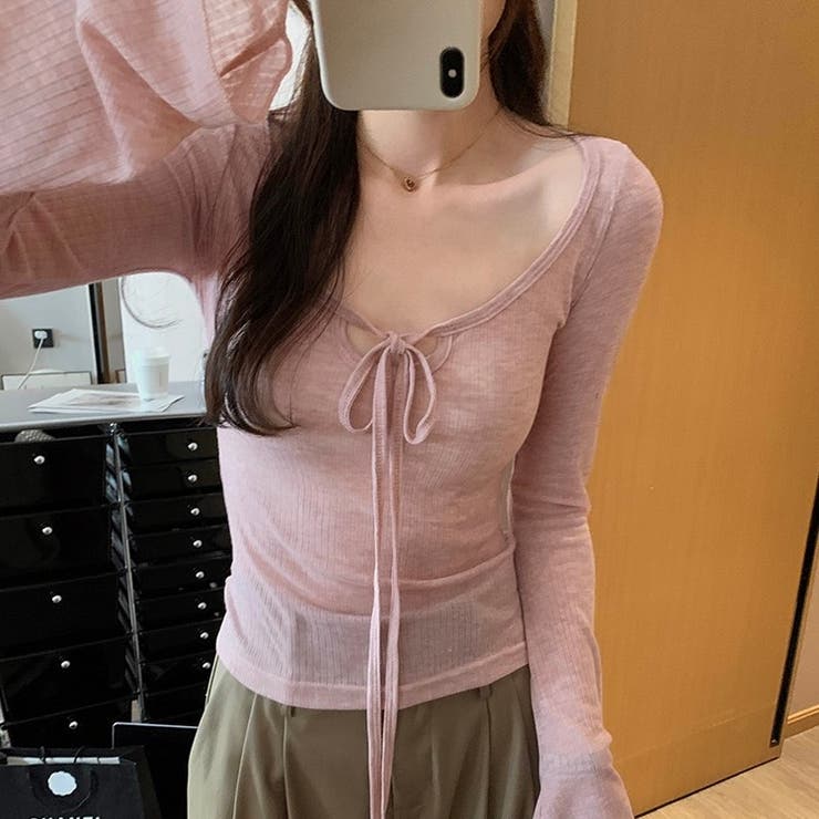 ピンク | 【春夏新作】胸リボンデコルテ空きシアートップス | LADY LIKE 