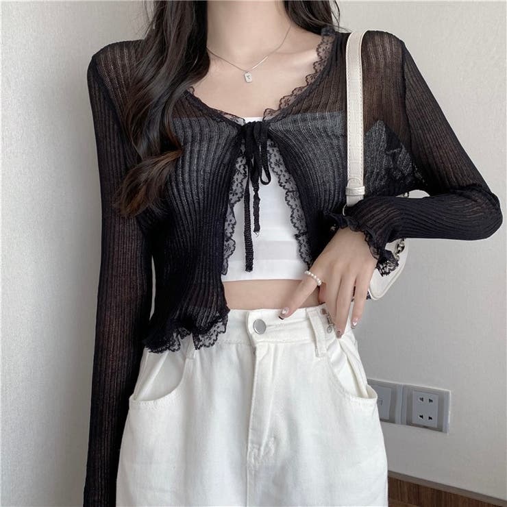 LIMI feu リミフゥ　変形ブラックカーディガン　レース　シアー FLOWER SHIRRING SLIT CARDIGAN(S Black): LIMI feu｜THE SHOP YOHJI