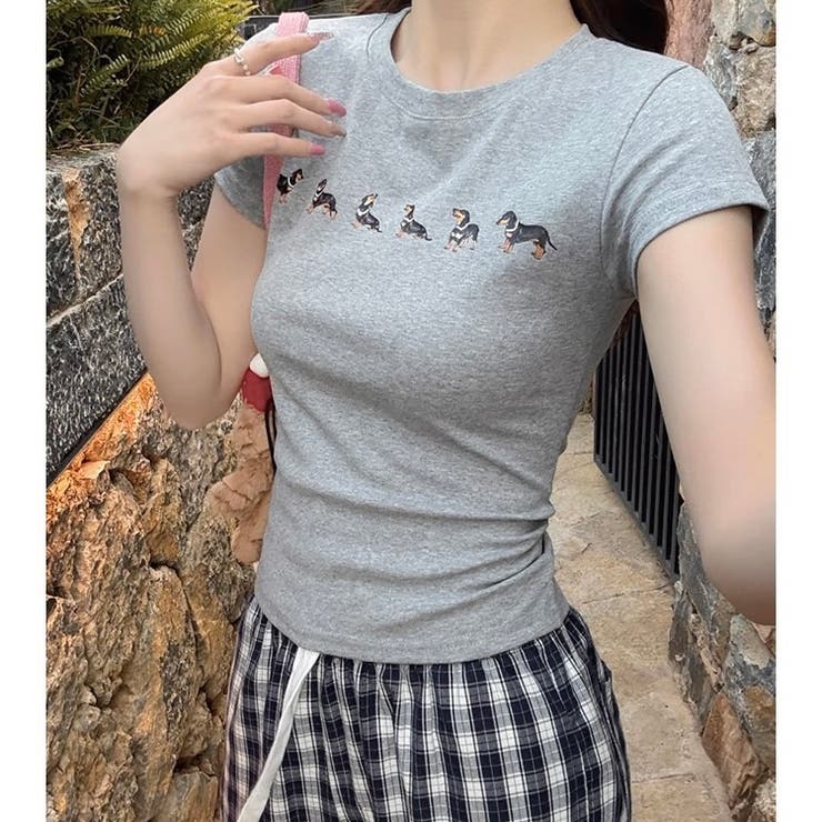 グレー | 【春夏新作】ダックスプリント半袖Tシャツ | LADY LIKE 