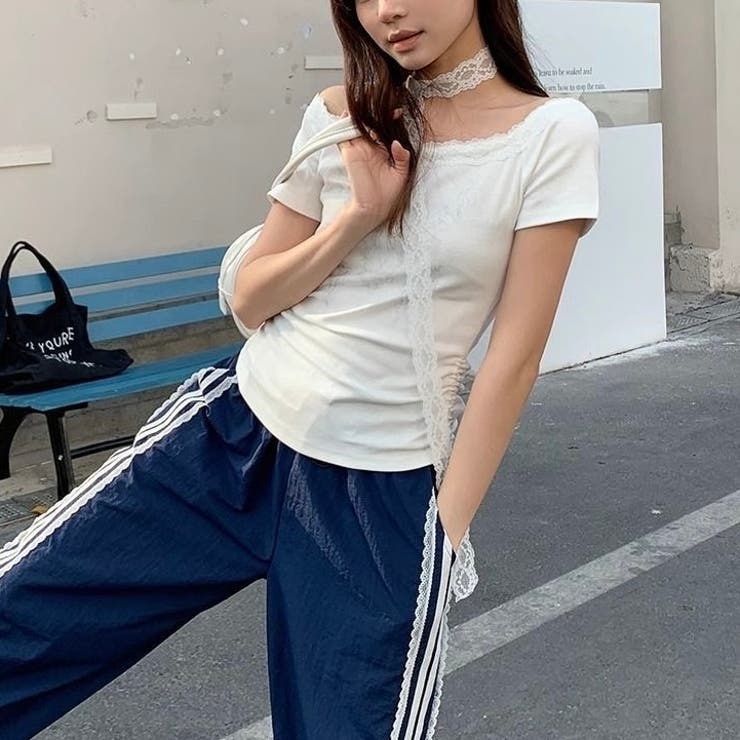 tシャツ Side Gather Boat Neck Tee /サイドギャザーT レディース 春夏新作】レースストール付きサイドギャザーTシャツ[品番