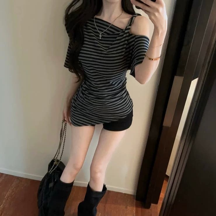 【春夏新作】ワンショルダーアシンメトリー半袖トップス | LADY LIKE  | 詳細画像3 