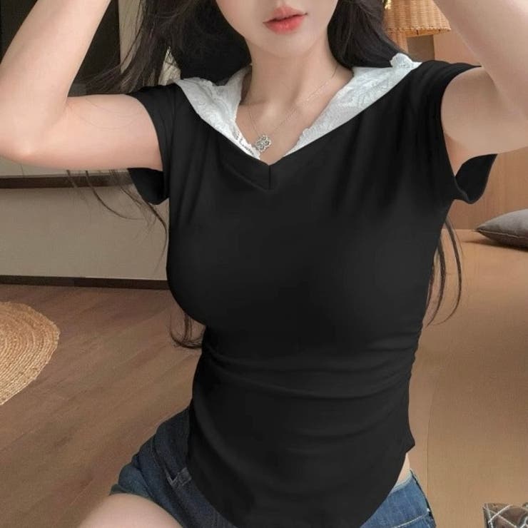 春夏新作】レースフード付き半袖Tシャツ[品番：SHNW0012582