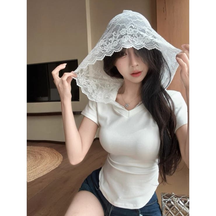 レースフード付き半袖Tシャツ[品番：SHNW0012582]｜LADY LIKE （レディ
