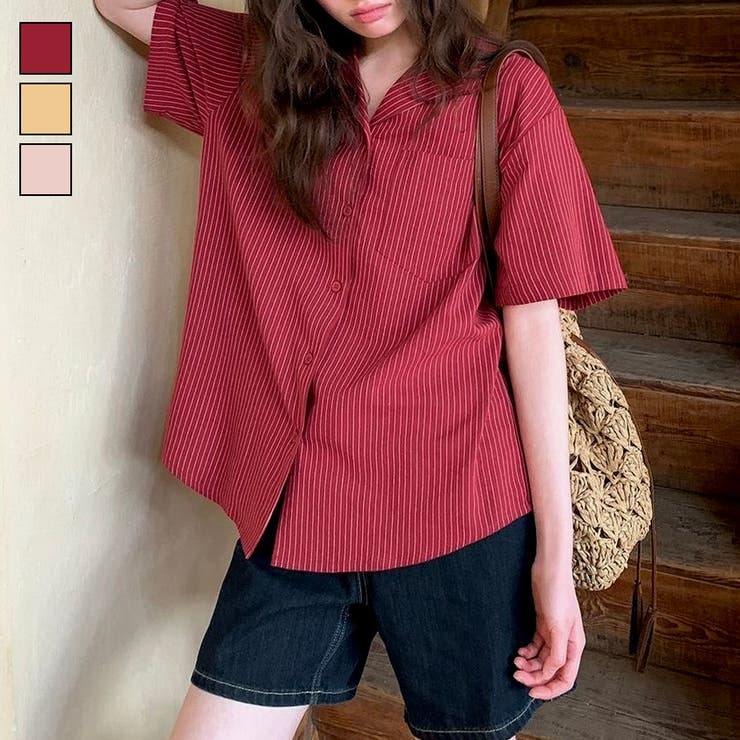 【春夏新作】ピンストライプゆったりオープンカラーシャツ | LADY LIKE  | 詳細画像1 