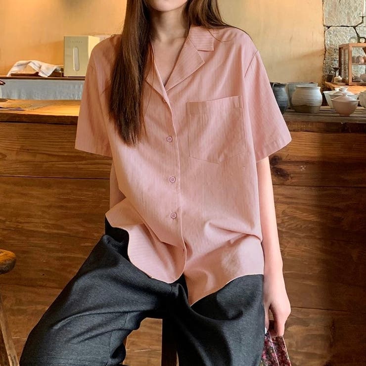 ピンク | 【春夏新作】ピンストライプゆったりオープンカラーシャツ | LADY LIKE 