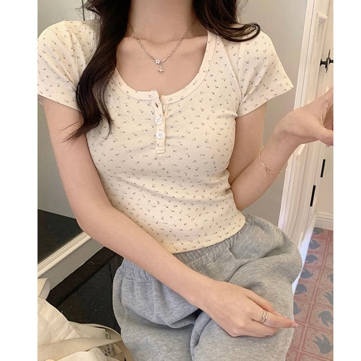 春夏新作】ヘンリーネックコンパクト半袖Tシャツ[品番