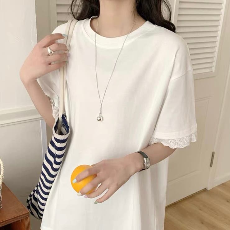 ホワイト | 【春夏新作】レーストリミングゆったり半袖Tシャツ | LADY LIKE 