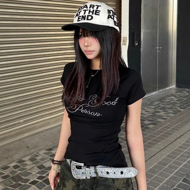 ラインストーンロゴ美シルエット半袖Tシャツ[品番：SHNW0012637]｜LADY