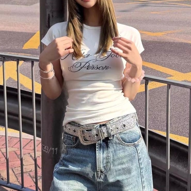 ラインストーンロゴ美シルエット半袖Tシャツ[品番：SHNW0012637]｜LADY