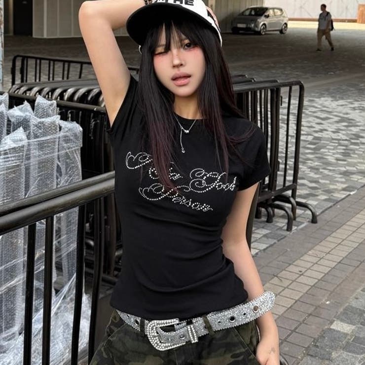 ラインストーンロゴ美シルエット半袖Tシャツ[品番：SHNW0012637]｜LADY