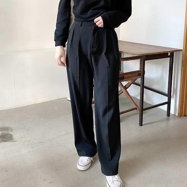 タック入りハイウエストテーパードパンツ ワイドパンツ ゆったり