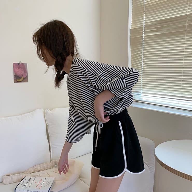 脇スリットパイピングショートパンツ ウエストゴム ボトムス