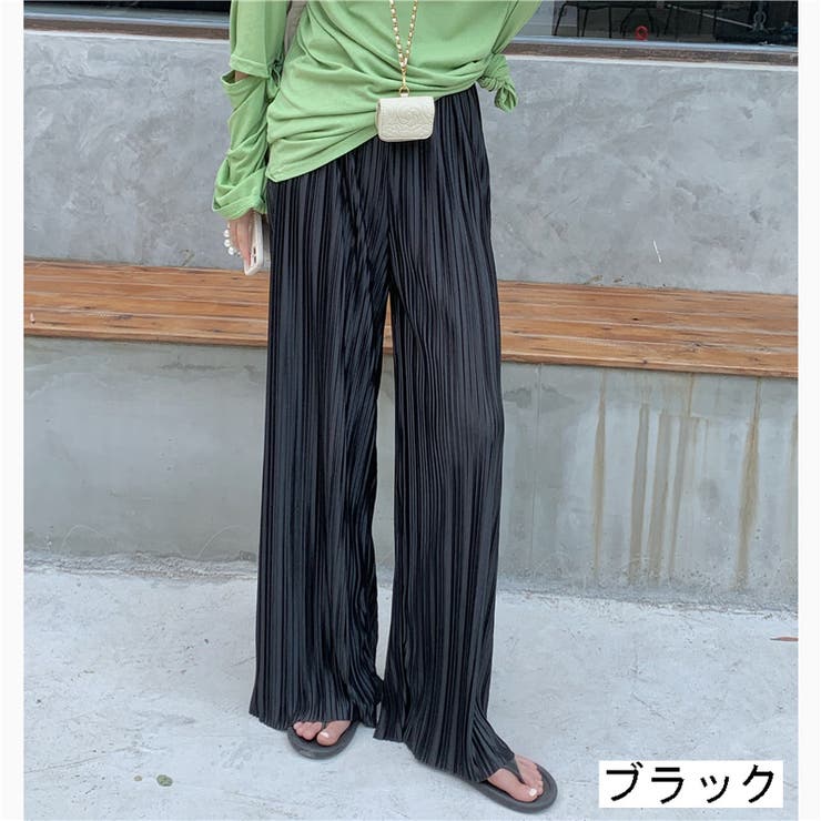 サテンミニプリーツワイドパンツ イージーパンツ ゆったり[品番