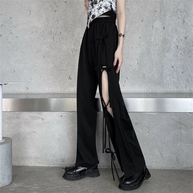LADY LIKE スラックス パンツ リボン開き見せハイウエストパンツ