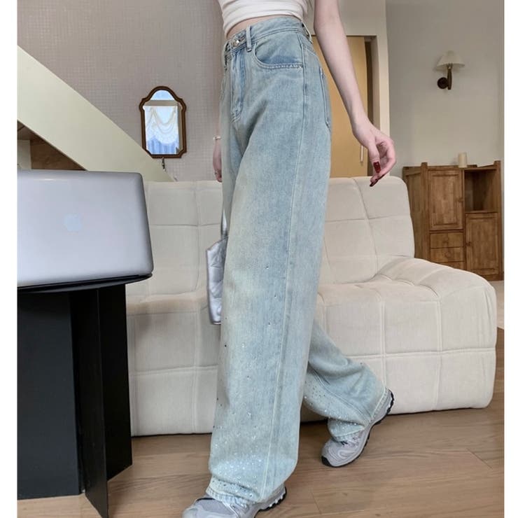 ラインストーン付きハイウエストデニムパンツ[品番:SHNW0010733 ラインストーン付きハイウエストデニムパンツ[品番:SHNW0010733