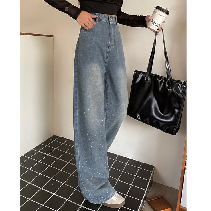ラインストーン付きハイウエストデニムパンツ[品番：SHNW0010733