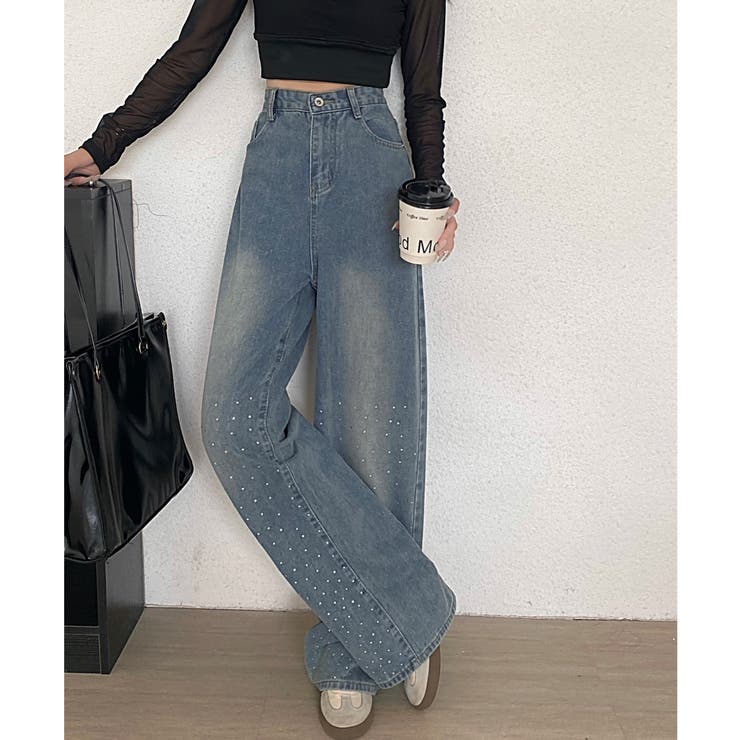 ラインストーン付きハイウエストデニムパンツ[品番:SHNW0010733 ラインストーン付きハイウエストデニムパンツ[品番:SHNW0010733