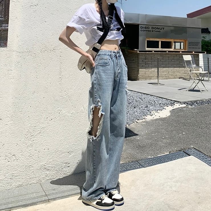 ハイウエストサイドダメージデニムパンツ[品番：SHNW0011074