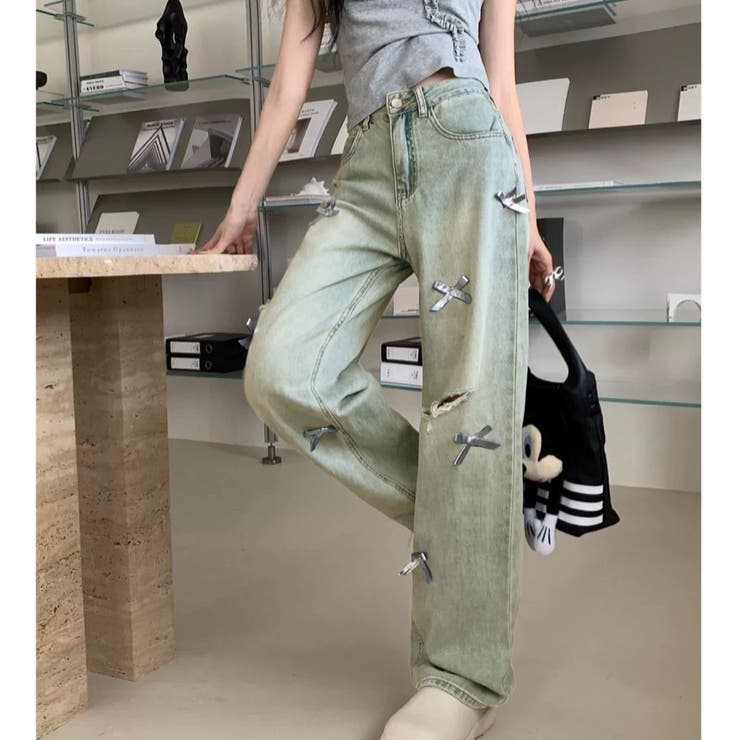 ダメージ加工リボン付きワイドデニム[品番：SHNW0011317]｜LADY