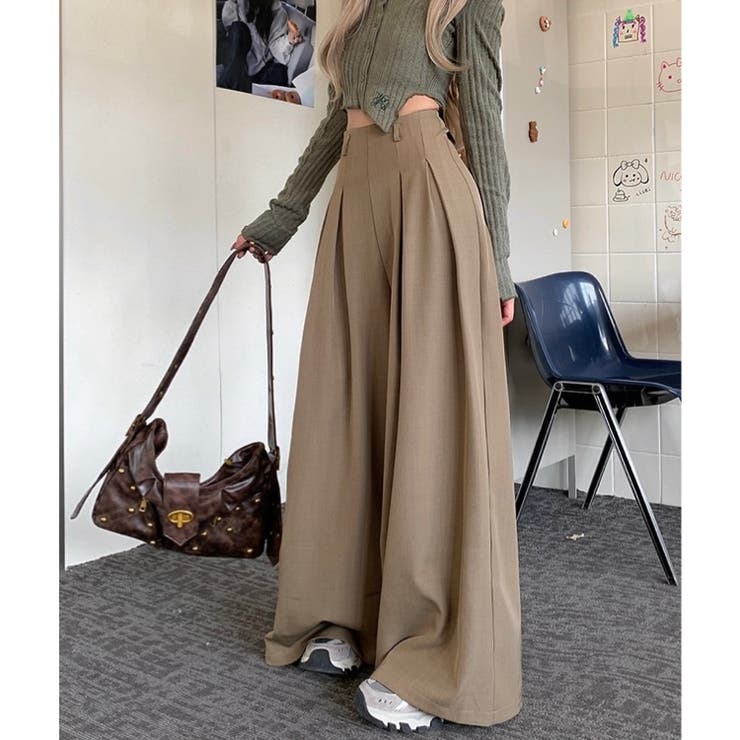 春夏新作】ボックスプリーツハイウエストワイドパンツ[品番