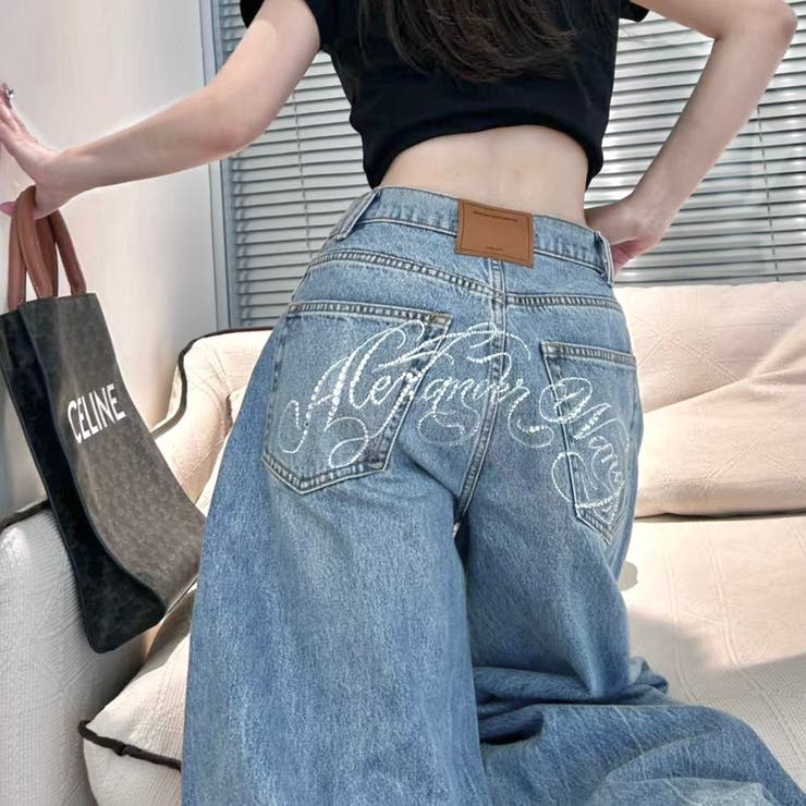 バックラインストーンロゴワイドデニムパンツ[品番：SHNW0012607