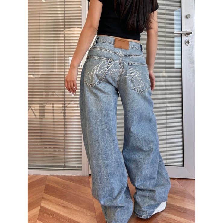 春夏新作】バックラインストーンロゴワイドデニムパンツ[品番