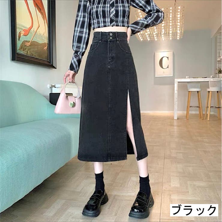 ブラック | フロントスリットデニムスカート ロング丈 ユーズド加工 | LADY LIKE 