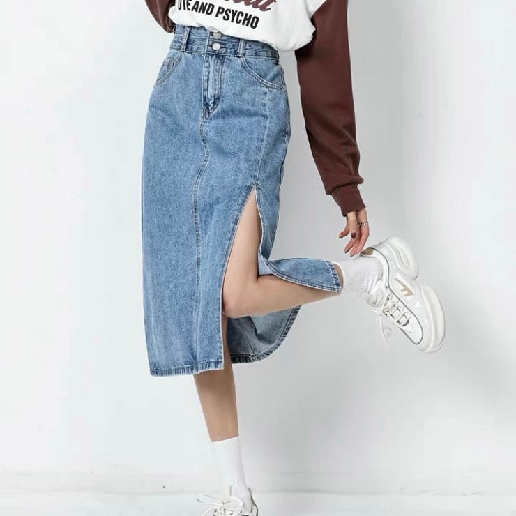 フロントスリットデニムスカート ロング丈 ユーズド加工 | LADY LIKE  | 詳細画像4 