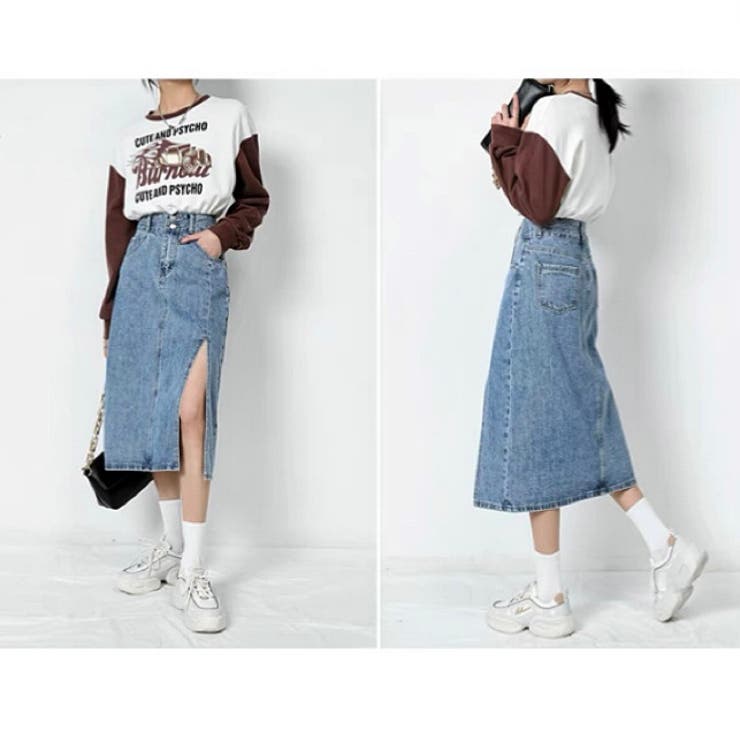 フロントスリットデニムスカート ロング丈 ユーズド加工 | LADY LIKE  | 詳細画像9 