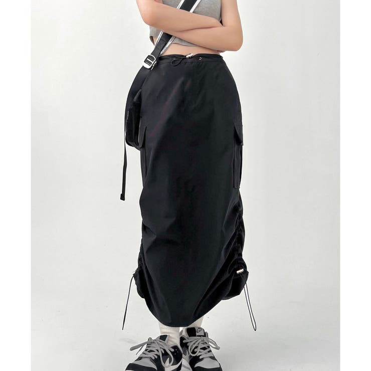 ブラック | サイド絞りストレッチカーゴスカート | LADY LIKE 
