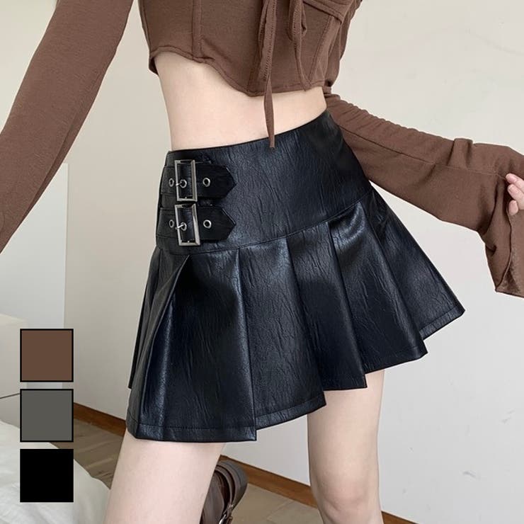 ダブルバックル付きフェイクレザープリーツミニスカート[品番