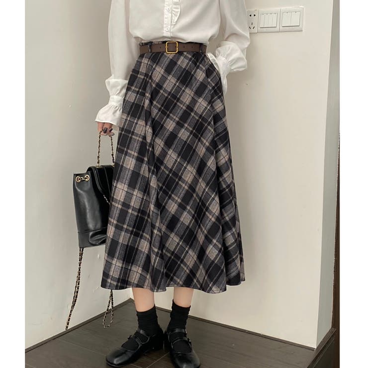 ベルト付きバイアスチェック柄ロングスカート[品番：SHNW0012006