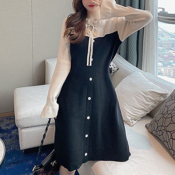 配色切替えニットワンピース バイカラー リボン 品番 Shnw Lady Like レディライク のレディースファッション通販 Shoplist ショップリスト