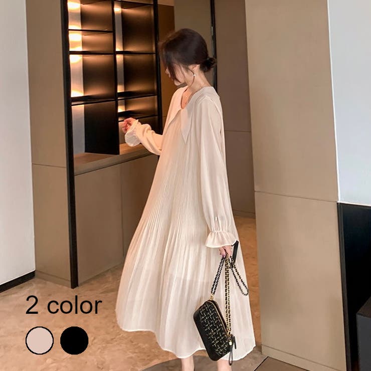 消しプリーツシフォンロングワンピース ロング丈 ミニプリーツ[品番  