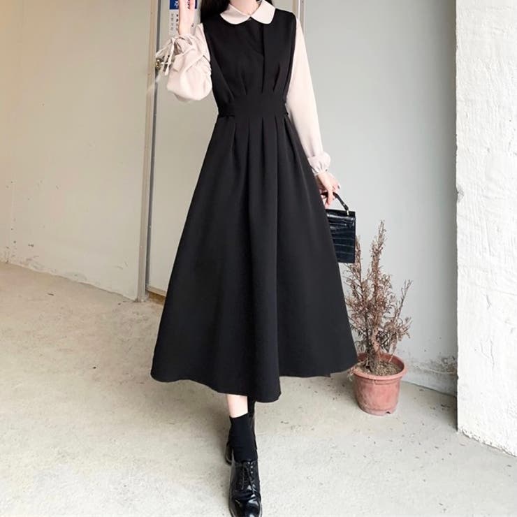 ウエストタックノースリーブワンピース ロング丈 ミモレ丈[品番