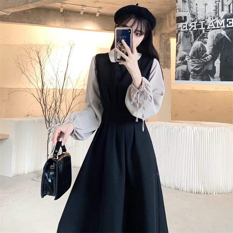 ウエストタックノースリーブワンピース ロング丈 ミモレ丈[品番