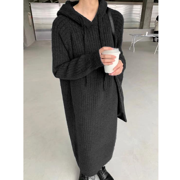 フード付きリブ編みゆったりニットワンピース[品番：SHNW0008255