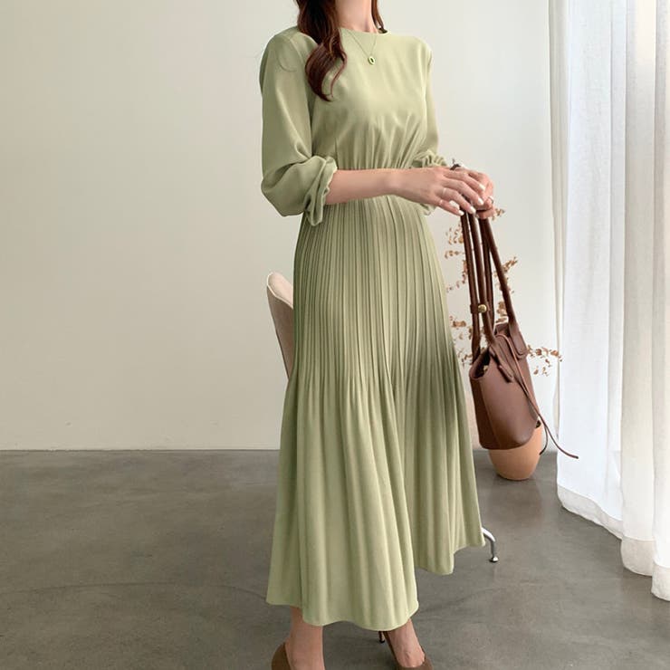グリーン | ウエスト切替えミニプリーツとろみワンピース | LADY LIKE 