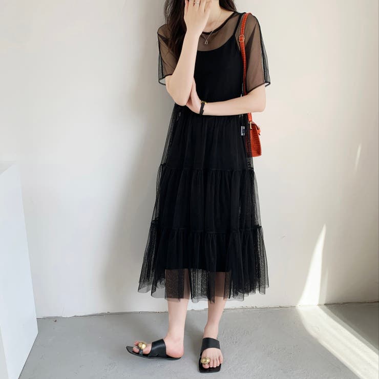 エストネーション ワンピース ノースリーブ S シアー素材 ティアード