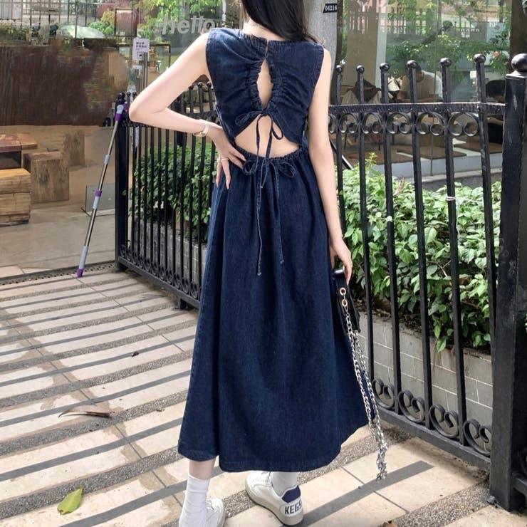 バックリボン肌見せデニムワンピース[品番：SHNW0009587]｜LADY LIKE