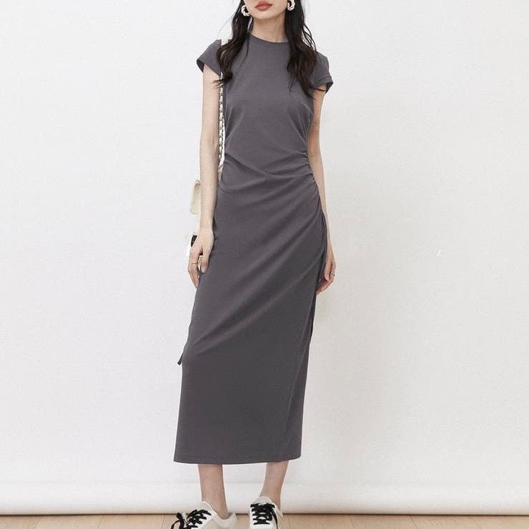 サイドギャザー半袖ロングワンピース[品番：SHNW0010808]｜LADY